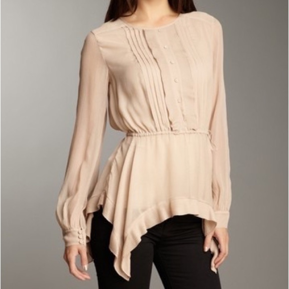 BCBG MaxAzria Sheer Peasant Bohemian Peplum Shirt w/ Asymmetrical Hem